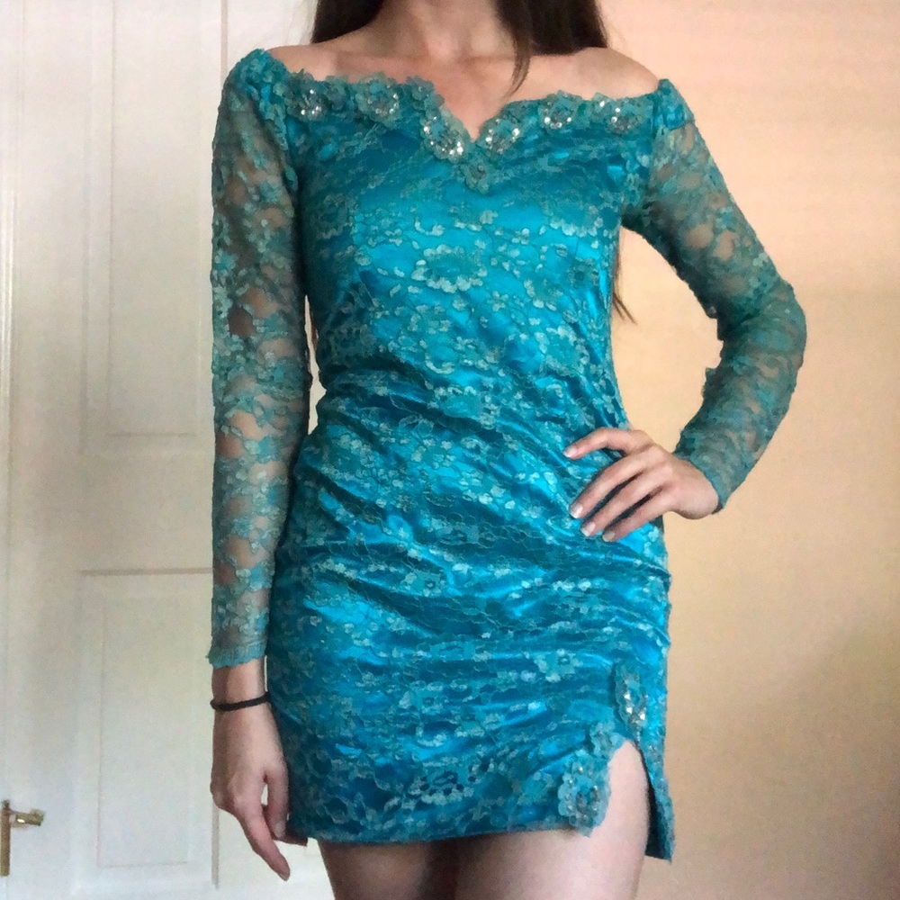 Vintage 80s Lace Party Teal Blue Mini Dress Prom Formal Sequins Beaded Sparkles